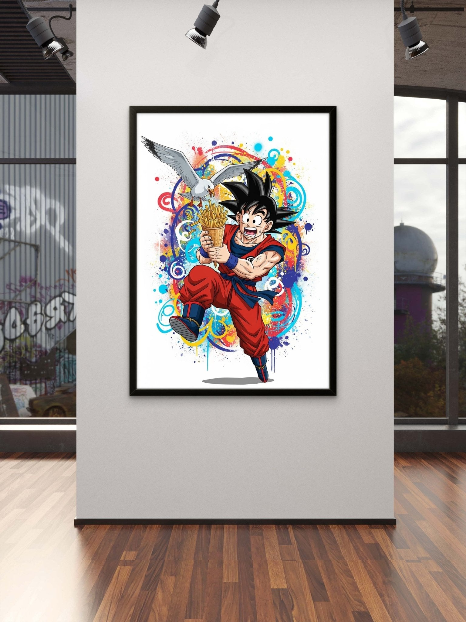 Goku Fries Kunstdruck von Frenchies Art Caveim Urban Art Stil