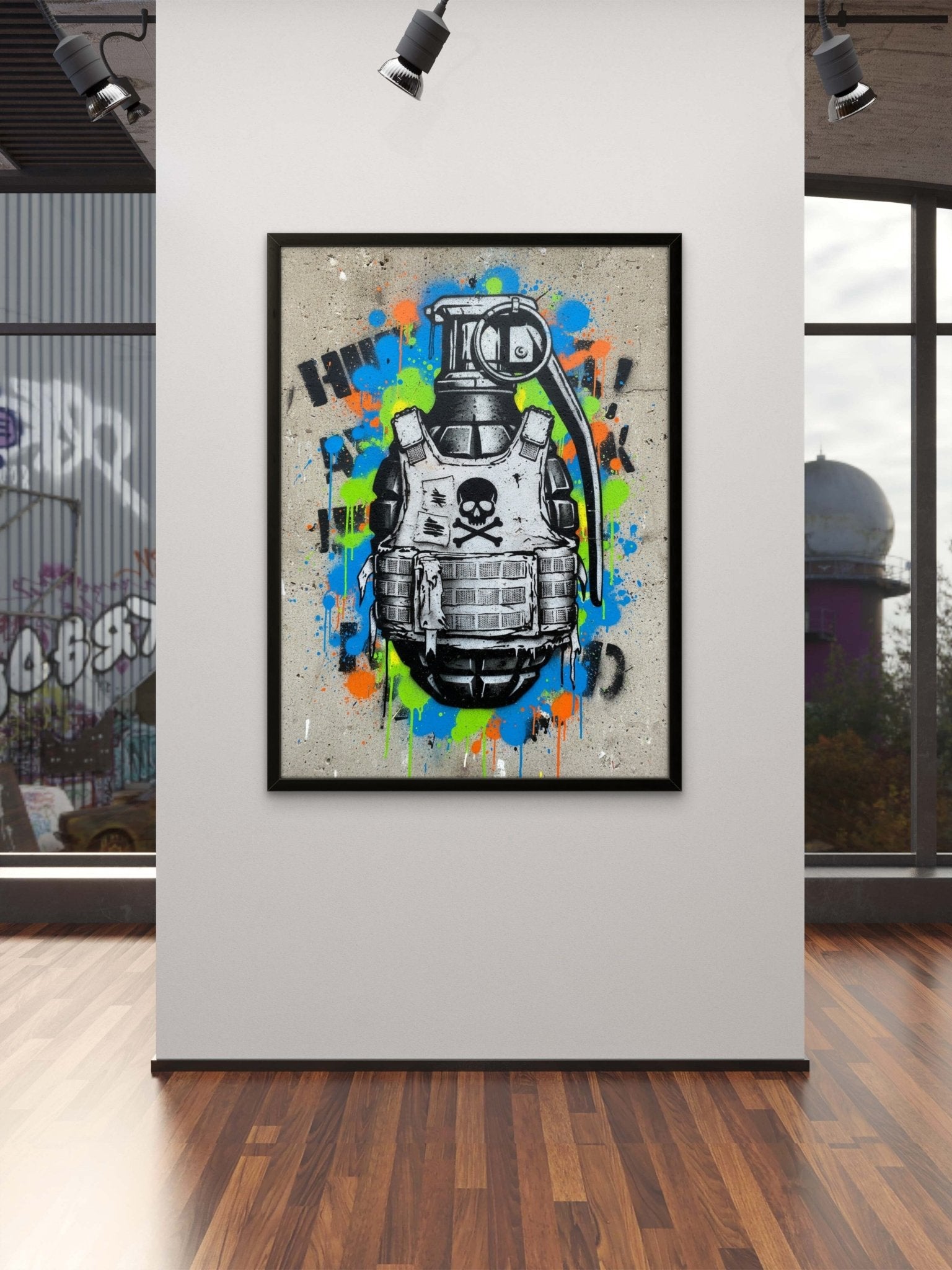 Safety First Kunstdruck von Frenchies Art Caveim Urban Art Stil